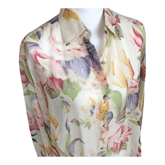 Adrienne Vittadini Elegant 100% Silk Sheer Butter Yellow Floral Summer Blouse S - Picture 3 of 11